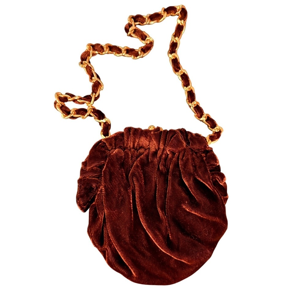 Saks Fifth Avenue Italian Velvet Evening Bag Brown Gold Chain Vintage 1960s-70s